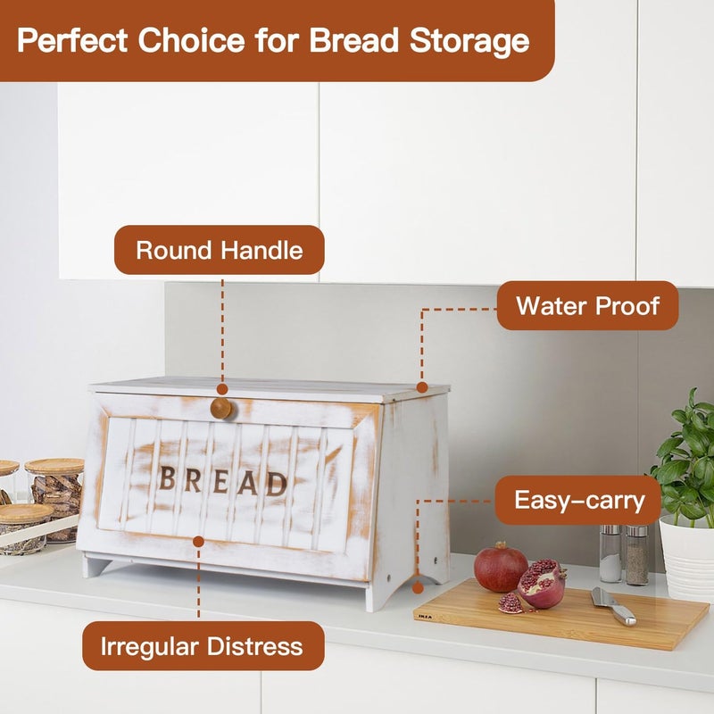 DAOYOUSKY Bamboo Bread Box for Kitchen Countertop, White Vintage Wooden Counter Breadbox, Single Layer Rustic Wood Large Capacity Bread Storage Container Bin - Image 3